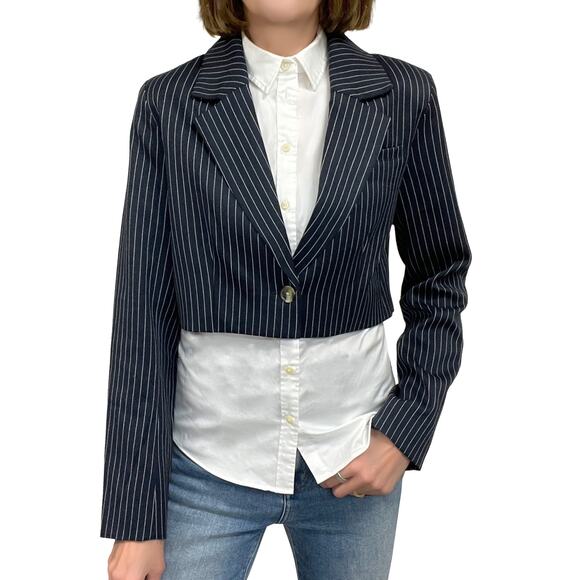 Amazon's The Drop Reims Cropped Blazer Sz S New $79 Navy Blue Pinstripe Lined - Picture 1 of 12